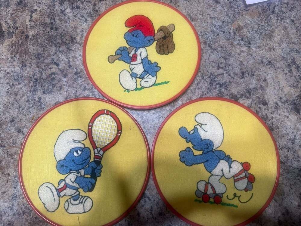 Vintage 1983 Smurfs Embroidery Hoop Wall Art Set of 3 Handmade Sports